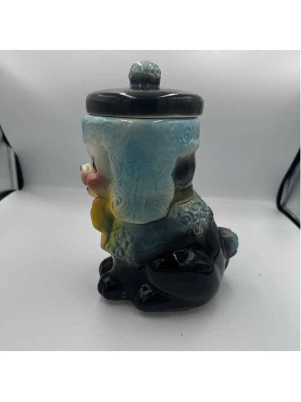 Vintage American Bisque Poodle Cookie Jar Blue Yellow Bow Tie Rare Mid Century
